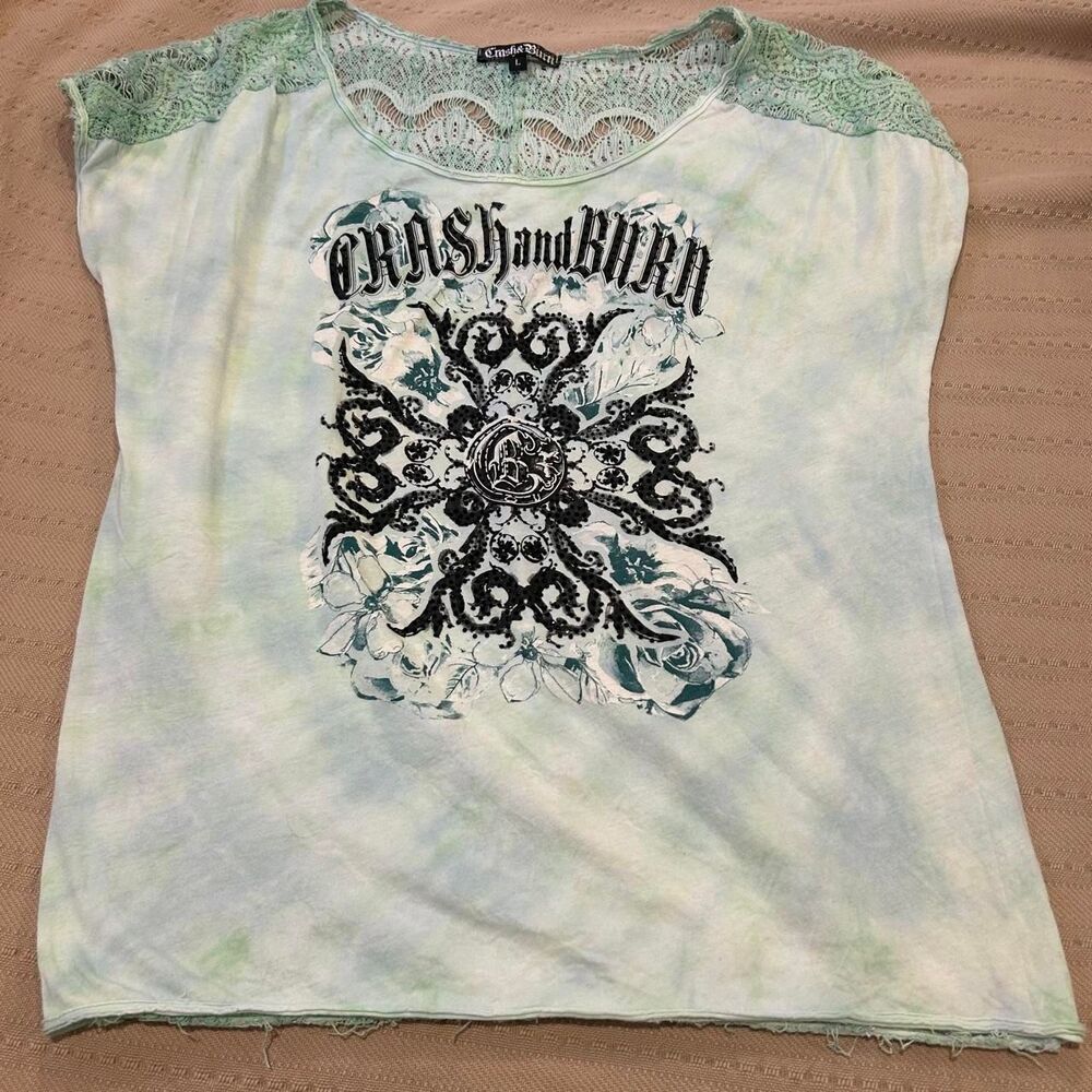 Y2K vtg Crash & Burn Tee Green tie-dye Vintage Women's L Grunge Biker Blinged
